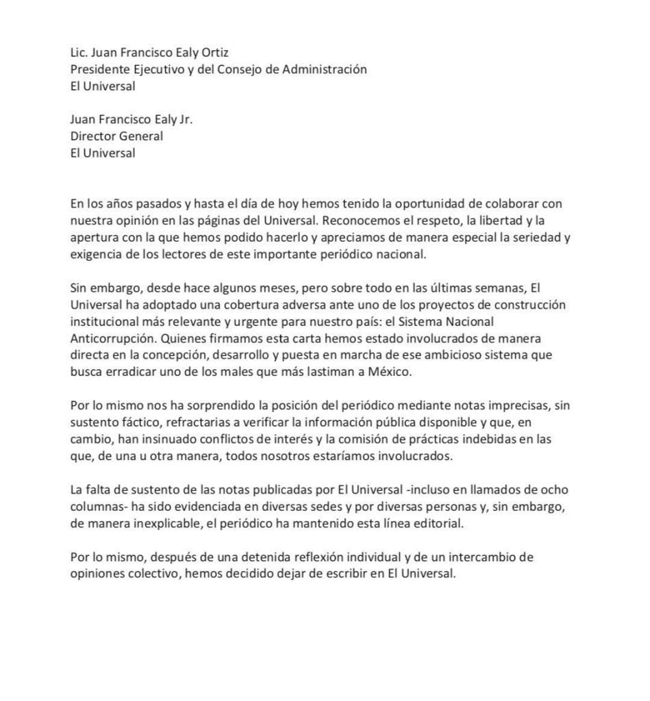 Renuncian columnistas El Universal