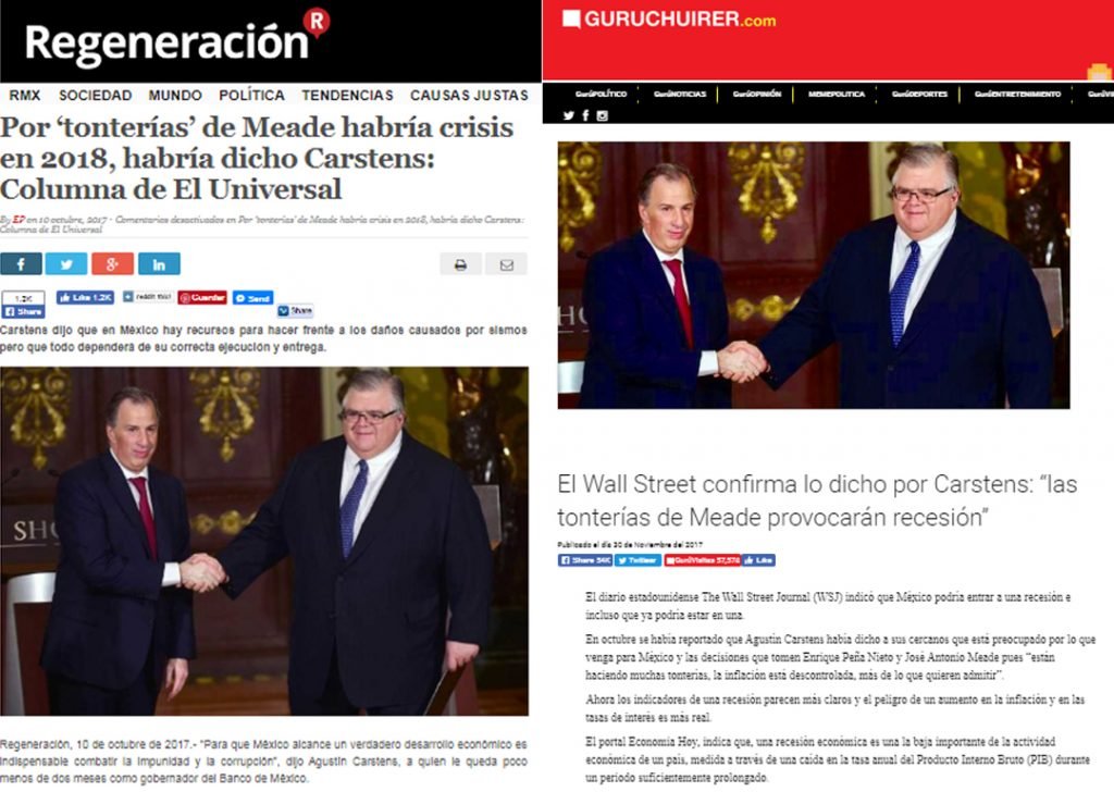 El portal informativo GURUCHUIRER.com publicó una nota donde plantea que: "El Wall Street confirma lo dicho por Carstens: 'las tonterías de Meade provocarán recesión'".